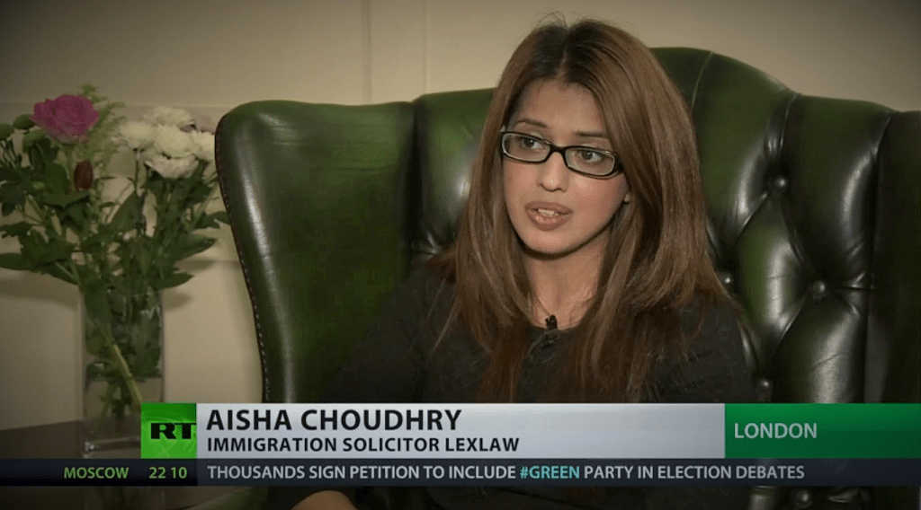 LEXLAW Immigration & Visa Solicitor Aisha Choudhry interviewed by Russia Today News Channel LEXVISA immigration law solicitors in london